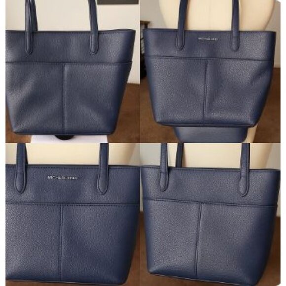 Michael Kors Logo Navy Blue Leather Tote Bag Purse | Dual Handles Front Pockets - Picture 3 of 15